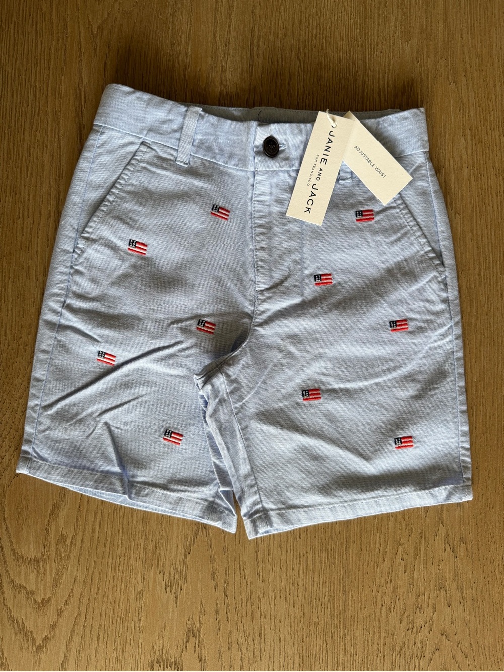 Janie and Jack Boys Light Blue Cotton Shorts Flag Embroidered Sz 6 NWT